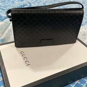GUCCI black MICRO GUCCISSIMA leather snap Wallet on strap convertible Mini Bag